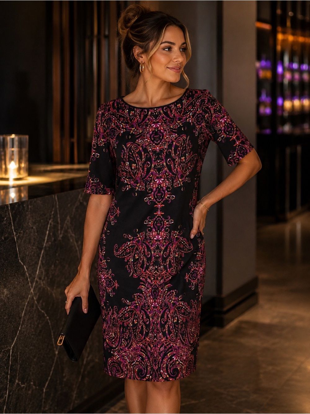 Chico’s Sz 1 Black Paisley Sheath Dress Purple Gold Career Cocktail Midi